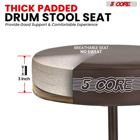 5Core Drum Throne Adjustable Guitar Stool Padded Drummer Seat for Adults & Kids BROWN