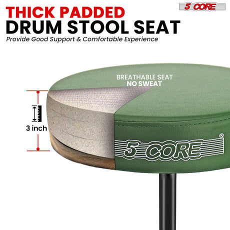 5Core Drum Throne Adjustable Guitar Stool Padded Drummer Seat for Adults & Kids Dark Green