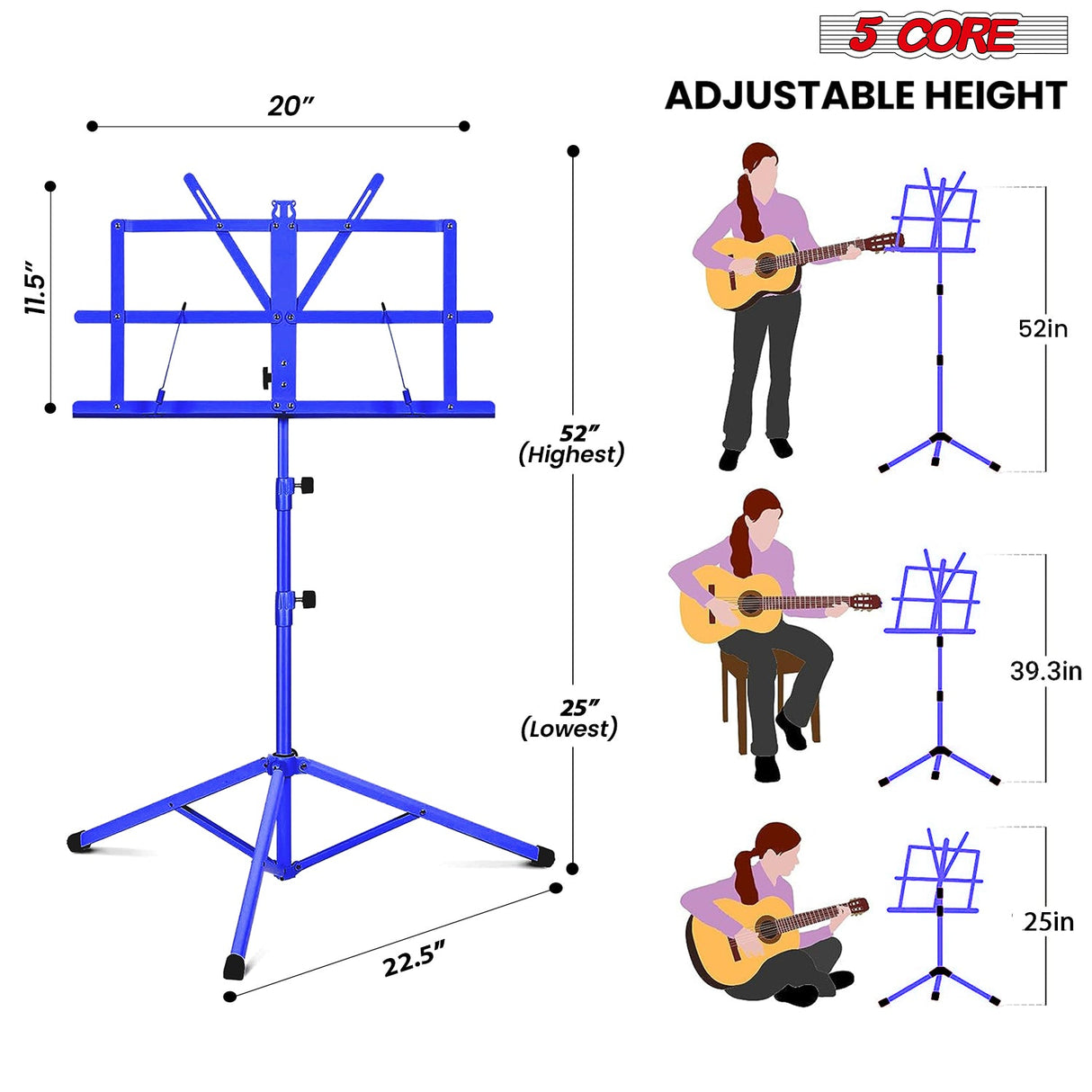 5Core Music Stand For Sheet Music Portable Tripod Adjustable Folding Note Holder BLACK