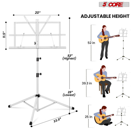 5Core Music Stand For Sheet Music Portable Tripod Adjustable Folding Note Holder WHITE