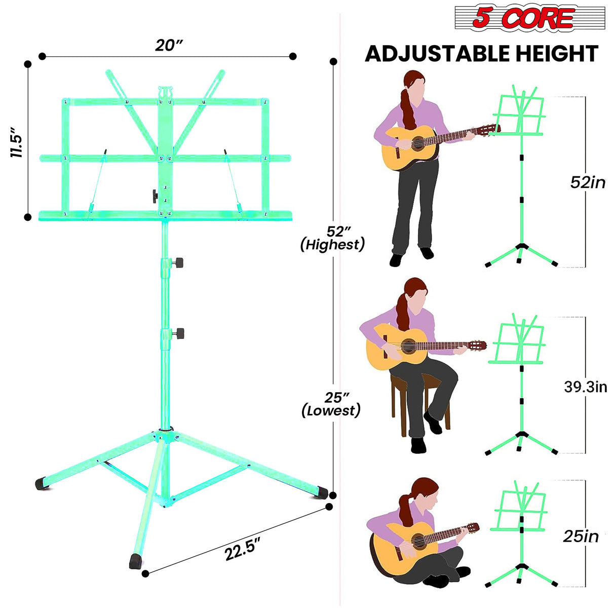 5Core Music Stand For Sheet Music Portable Tripod Adjustable Folding Note Holder BLACK