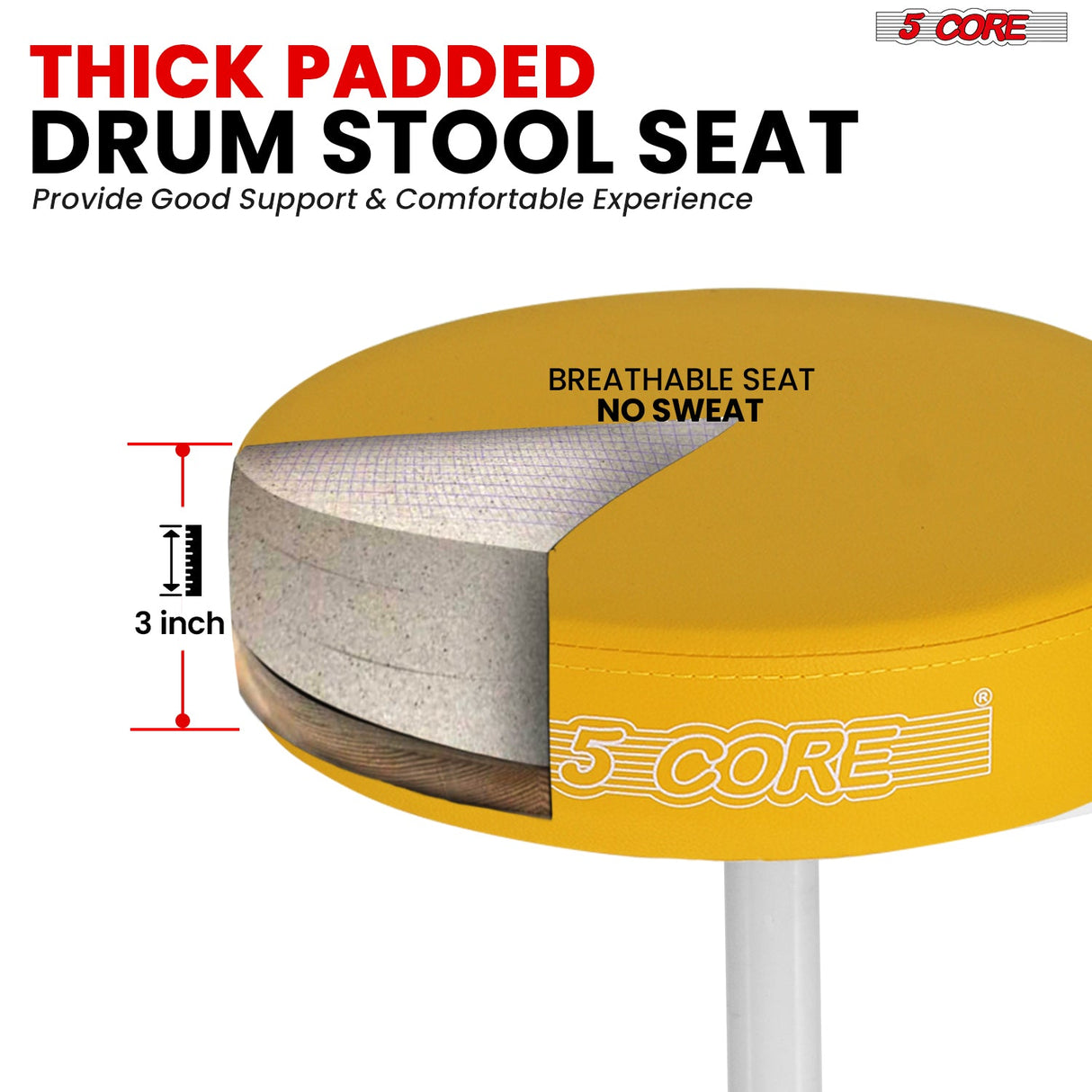 5Core Drum Throne Adjustable Guitar Stool Padded Drummer Seat for Adults & Kids YELLOW