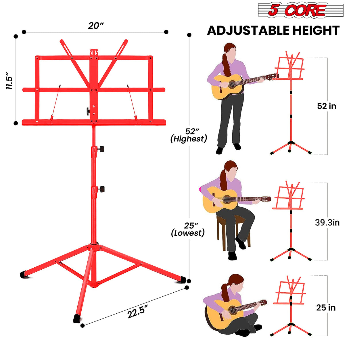 5Core Music Stand For Sheet Music Portable Tripod Adjustable Folding Note Holder BLACK