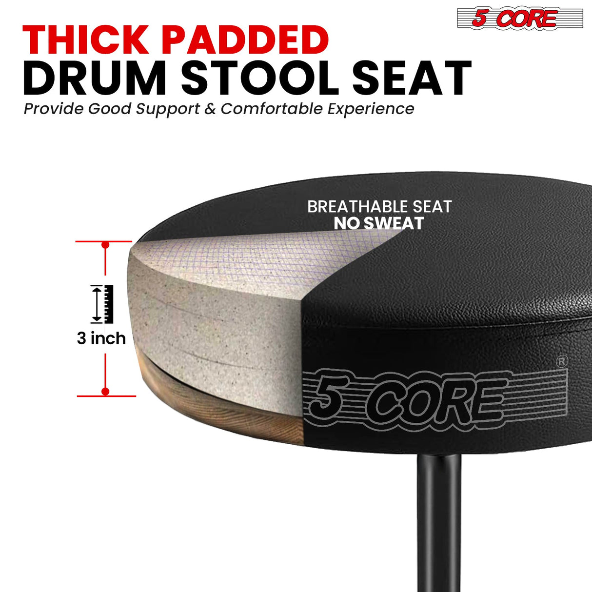 5Core Drum Throne Adjustable Guitar Stool Padded Drummer Seat for Adults & Kids BLACK