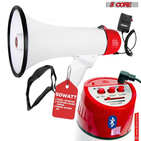 5Core Megaphone Bullhorn Speaker 50W Bull Horn Rechargeable Cheer Megafono 1000 Yards BLUETOOTH