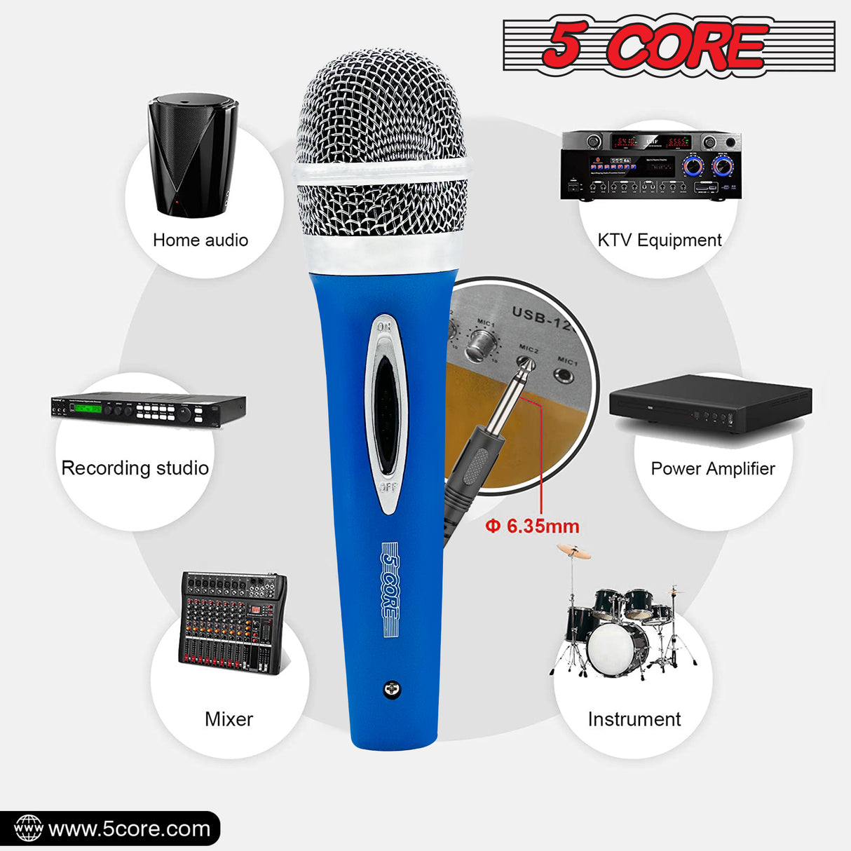 5 CORE Premium Vocal Dynamic Cardioid Handheld Microphone Unidirectional Mic with 12ft Detachable XLR Cable to ¼ inch Audio Jack and On/Off Switch for Karaoke Singing (Blue) PM 286 BLU