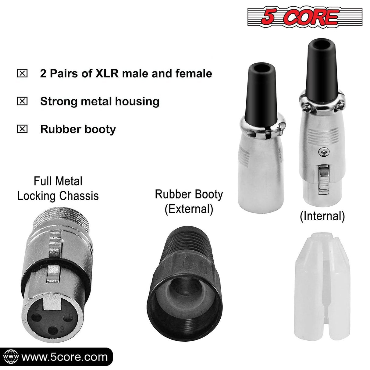 5Core XLR Connector Male Female to 1/4 Audio Jack 3 Pin Secure Mic Plug w Locking Ends