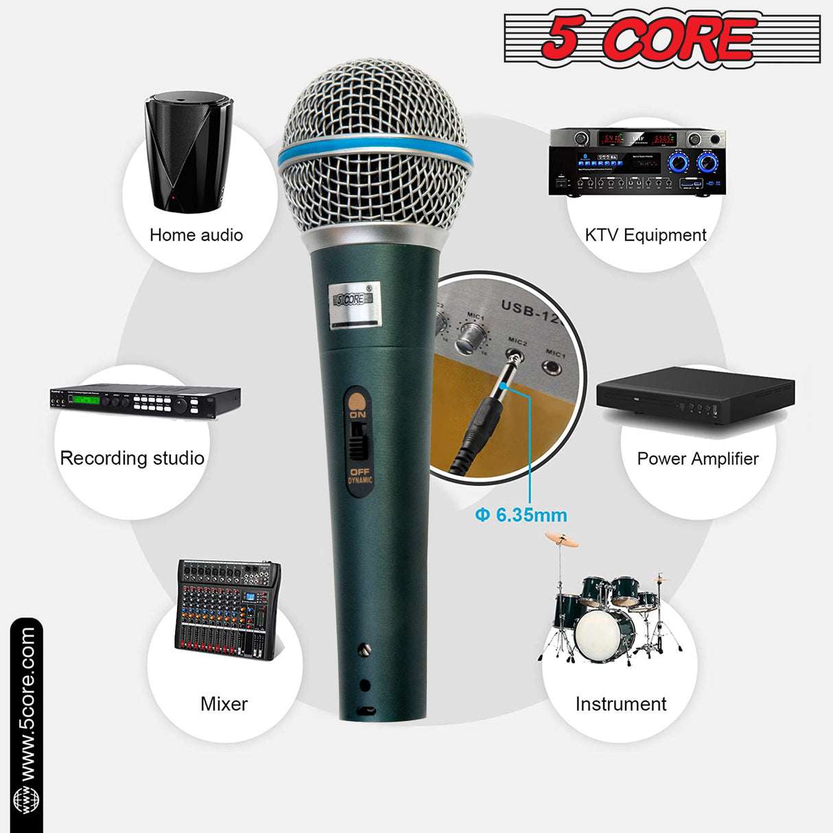 5 Core 2Pcs Premium Vocal Dynamic Cardioid Handheld Microphone Unidirectional Mic with 12ft Detachable XLR Cable to ¼ inch Audio Jack; Mic Clip; and On/Off Switch for Karaoke Singing BETA 2PCS