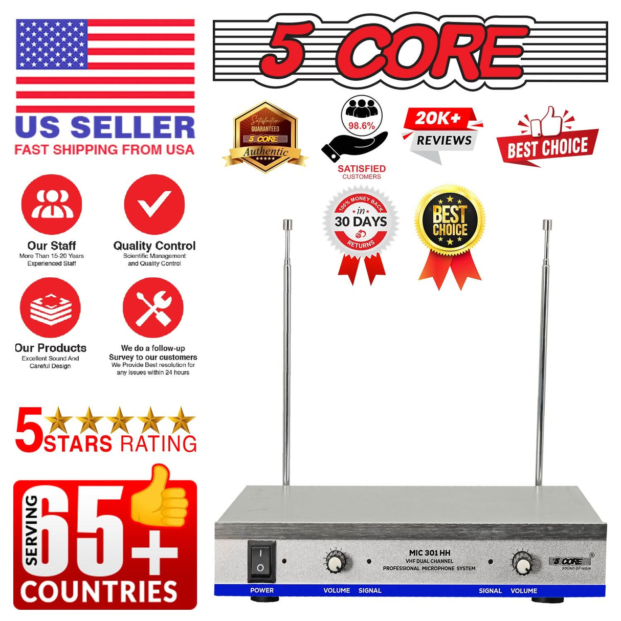 5Core Wireless Microphones w 2 Headset Portable Mini Microfono Inalambricos + Receiver 165ft Range