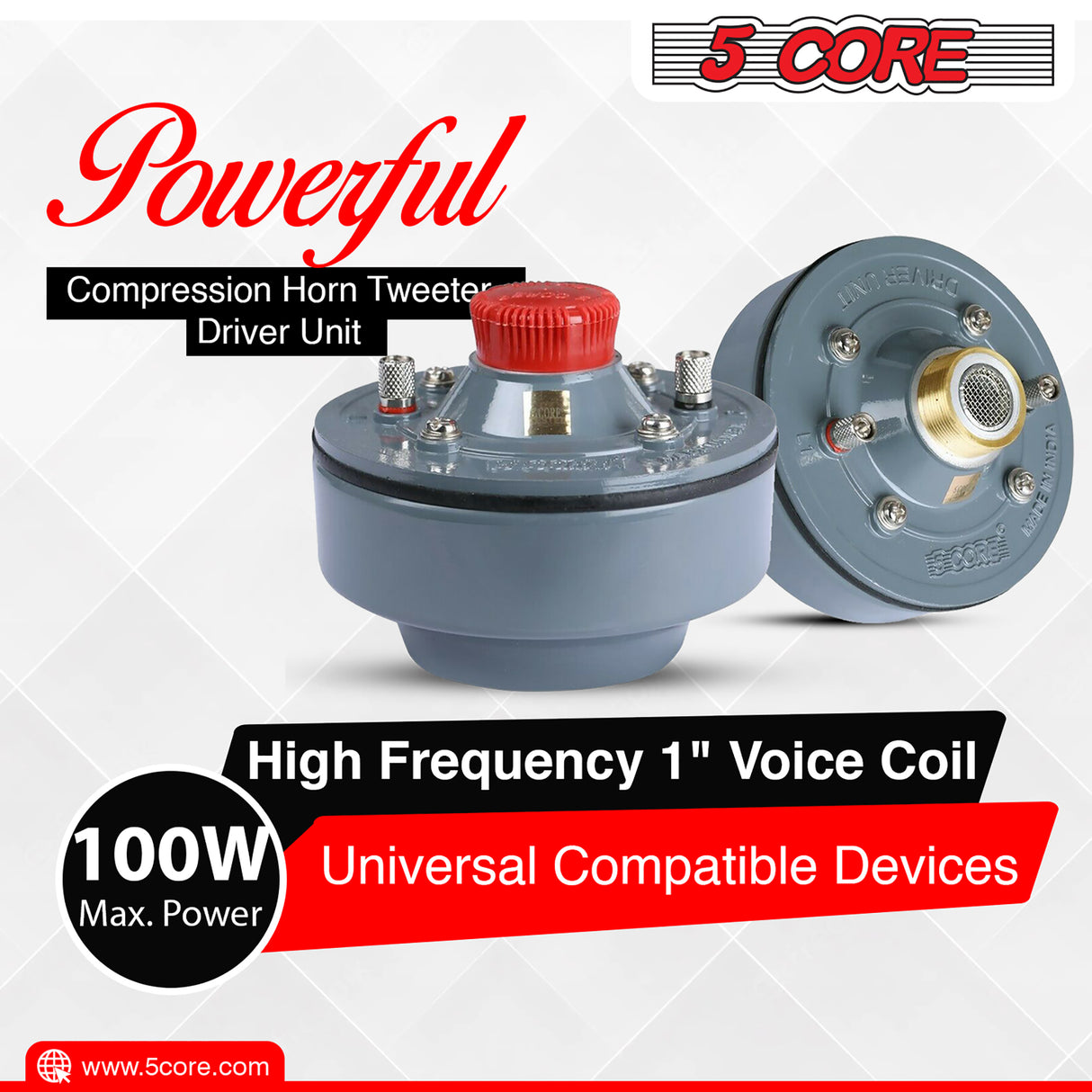 5 Core Compression Driver Unit| 800W PMPO, 16 Ohm, 80W RMS Power| Compact Mid High Vocal Reproduction Horn Driver | Aluminium Build Made in India All Weather Use for Pro Audio Systems- DU 80