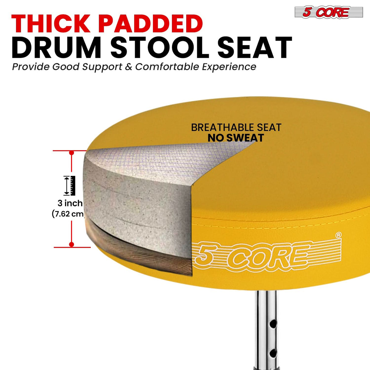 Thick padded drum stool for superior comfort and support during extended playing sessions