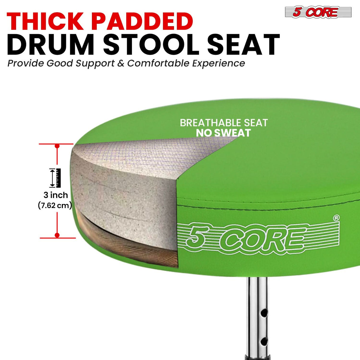 Thick padded drum stool for superior comfort and support during extended playing sessions