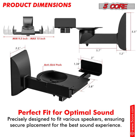 5Core Speaker Wall Mount Adjustable Swivel 15 Inch Space Bookshelf Brackets Pair