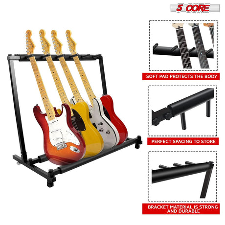 This 5-slot guitar rack offers sturdy construction, padded supports, and compact storage for all guitar types