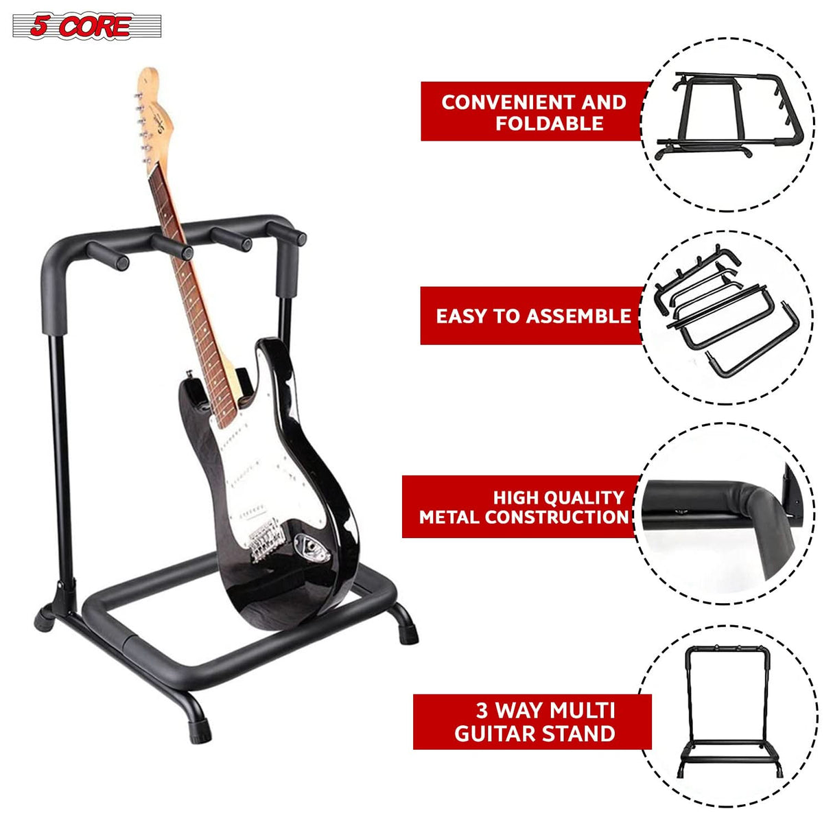 Foldable 3-slot guitar rack with easy assembly and sturdy metal construction for convenient storage