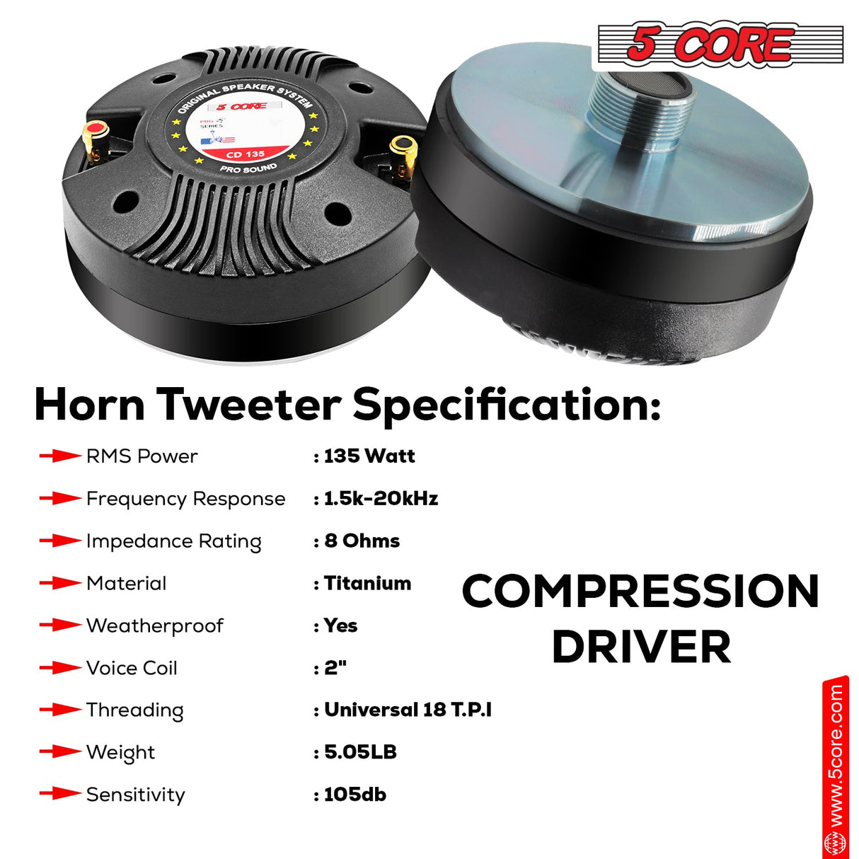 5 Core Compression Driver 135W RMS 8 Ohm Titanium Horn Throat Tweeter Speaker 18 TPI Threading