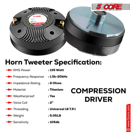 5 Core Compression Driver 135W RMS 8 Ohm Titanium Horn Throat Tweeter Speaker 18 TPI Threading