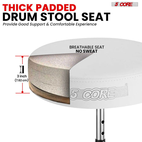 Thick padded drum stool for superior comfort and support during extended playing sessions