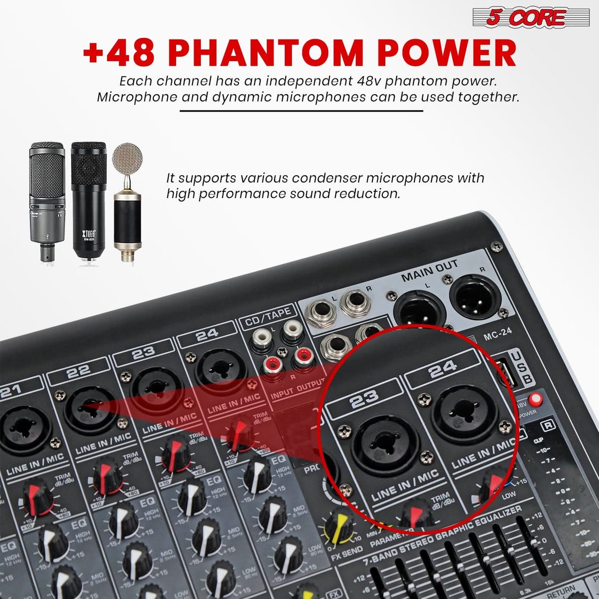 5 Core Audio Mixer 24 Channel DJ Sound Board w Bluetooth USB PC Recording PA Analog Mixing Interface