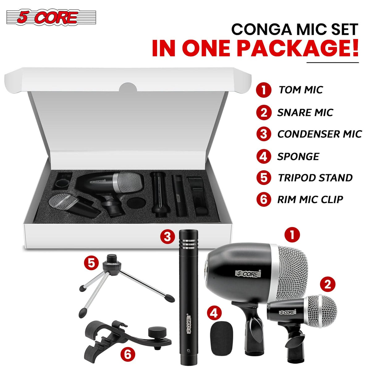 5Core Conga Mic Snare Tom Microphone Drum Kit Condenser XLR Instrument Mics