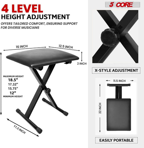 5Core Keyboard Stand Single X Style Adjustable Piano Riser + Keyboard Piano Bench