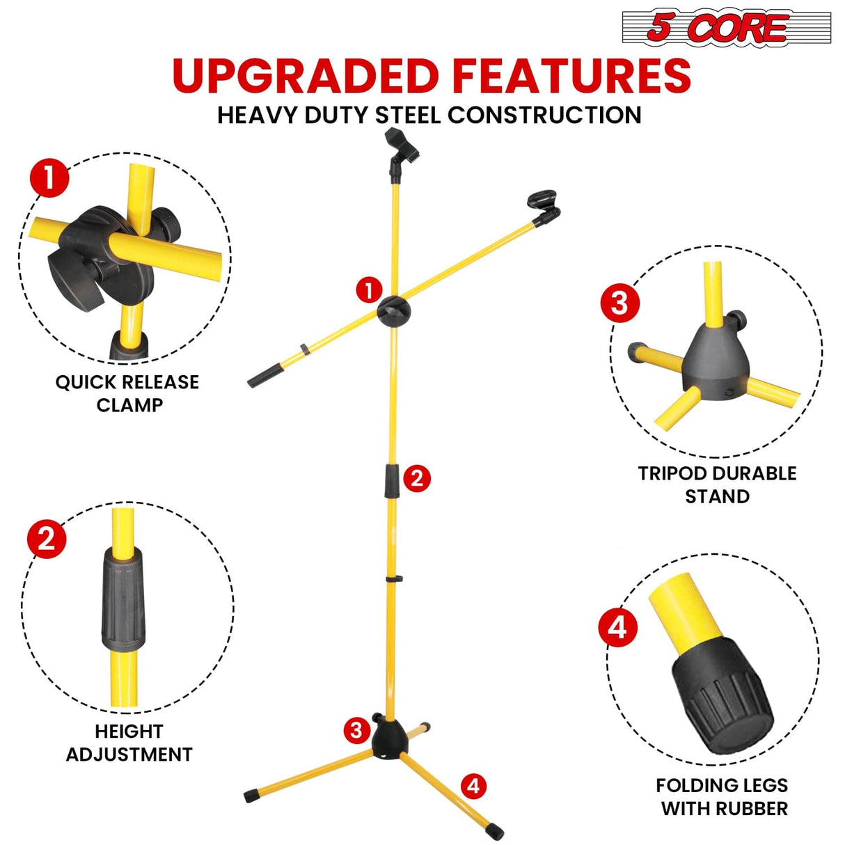 5Core Tripod Mic Stand Adjustable Heavy Duty Floor Holder Microphone Boom Arm YELLOW