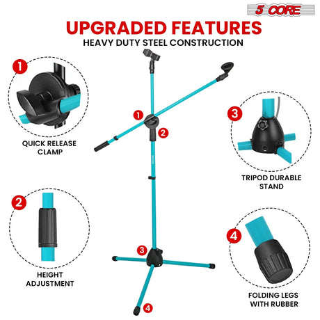 5Core Tripod Mic Stand Adjustable Heavy Duty Floor Holder Microphone Boom Arm SKY BLUE