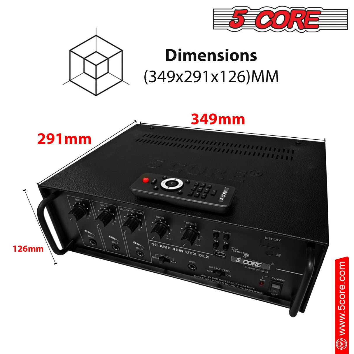 5CORE Power Amplifier 40W RMS 300W Peak With USB AUX 3 Mic Input Stereo Receiver