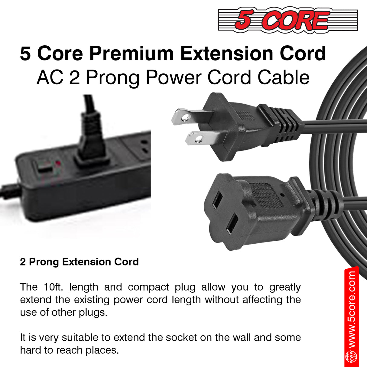 5 Core 2-Prong Male-Female Extension Power Cord Cable, Outlet Extension Cable Cord US AC 2-Prong Male-Female Power Cable 13A/125V, Black EXC BLK 12FT