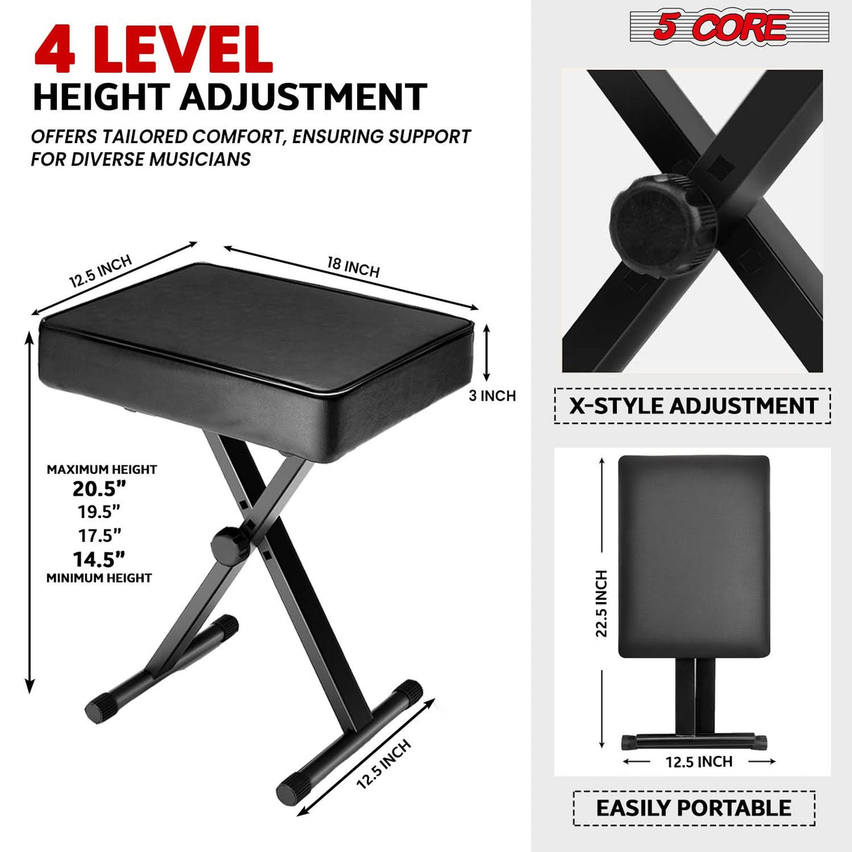 5 Core Keyboard Bench X Style Piano Stool Heavy Duty Adjustable Keyboards Chair Black