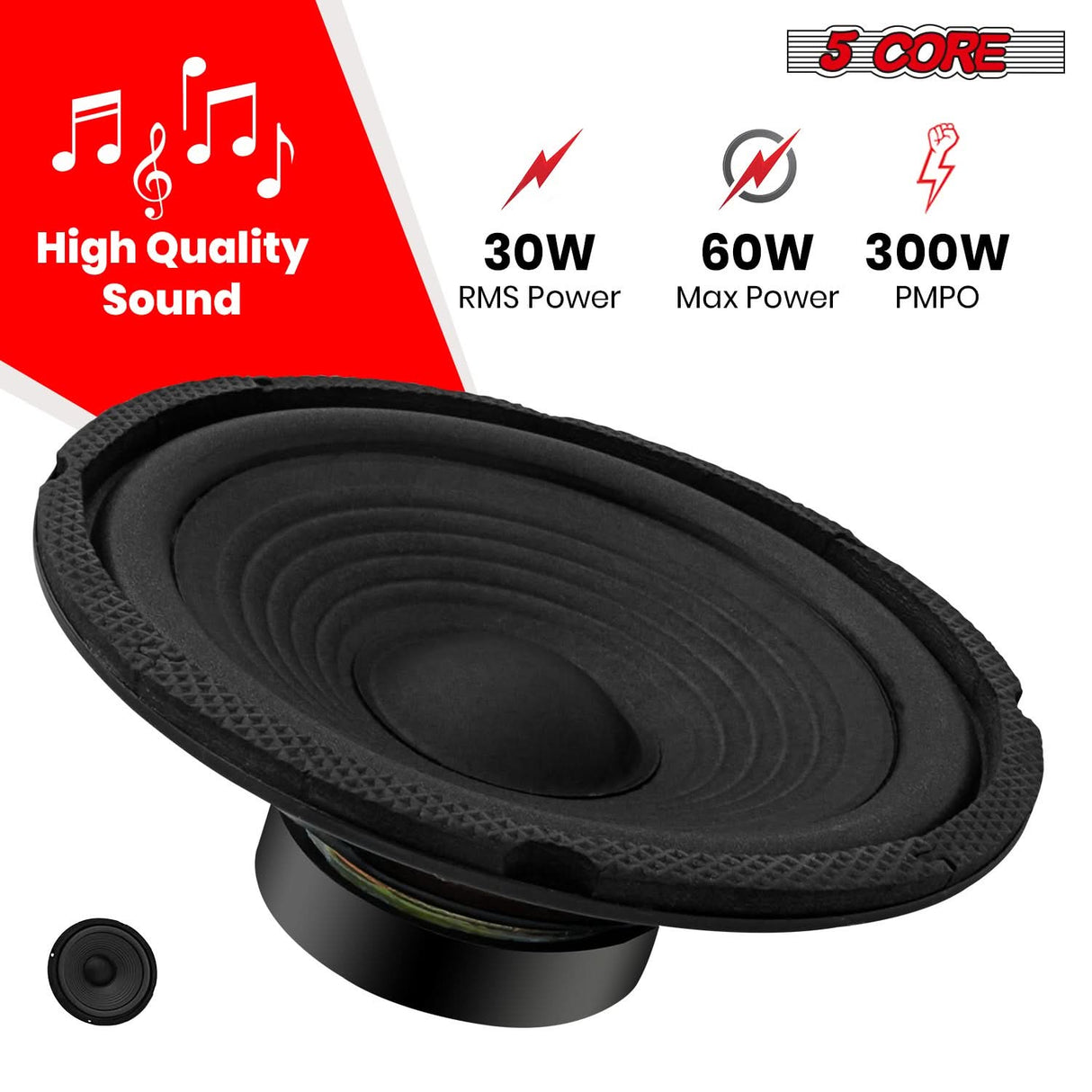 5Core 6 Inch Subwoofer speaker 300 Watt Car Subwoofer 4 Ohm Replacement Sub Woofer 2 PCS