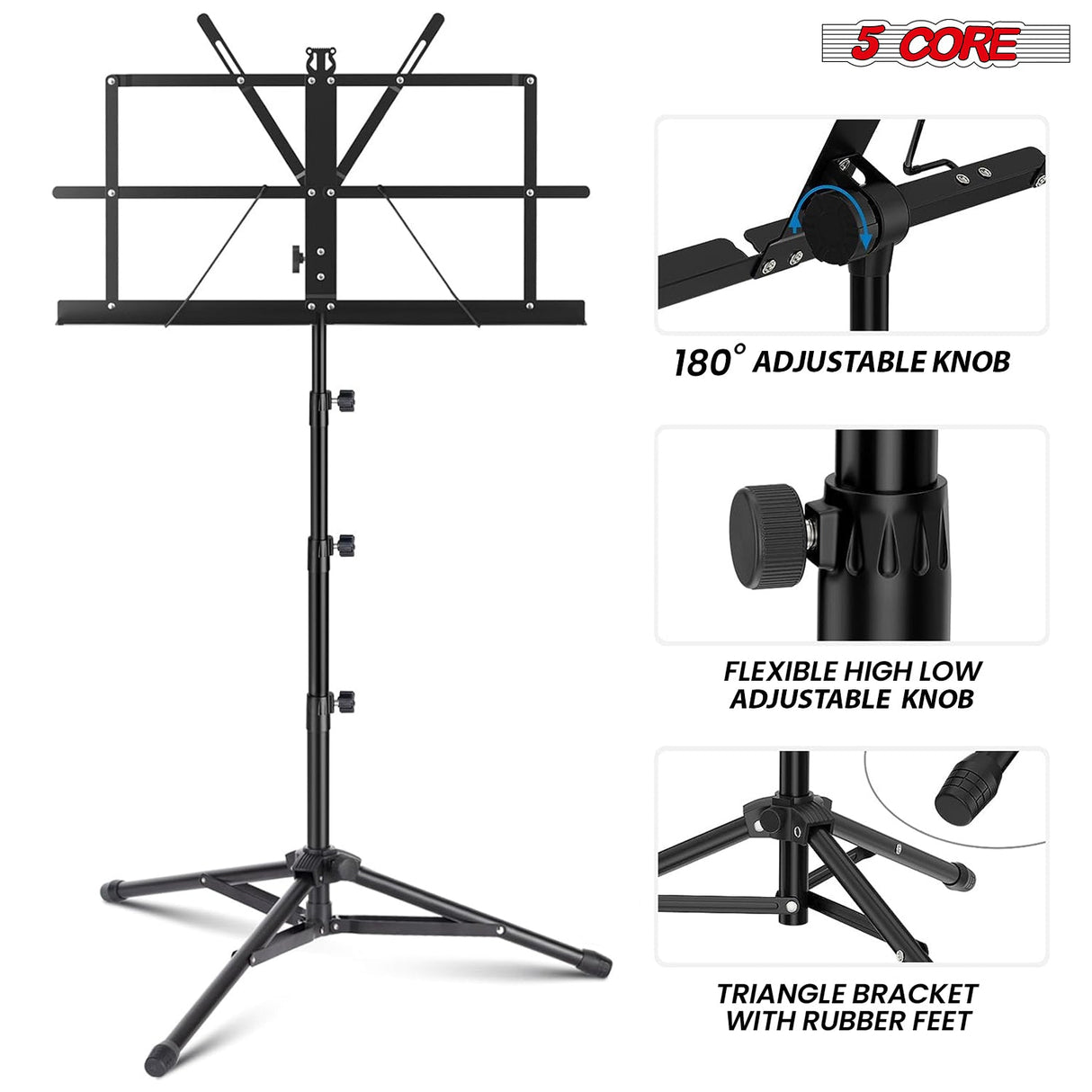 5Core Music Stand For Sheet Music Portable Tripod Adjustable Folding Note Holder BLACK