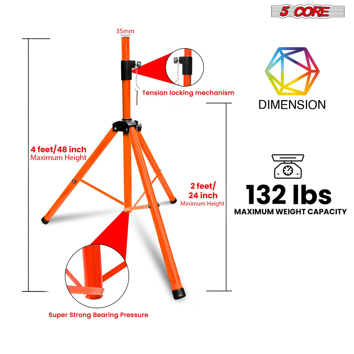 5Core Speaker Stand Tripod Floor Short Adjustable DJ Studio Monitor Stands Pole Mount ORANGE