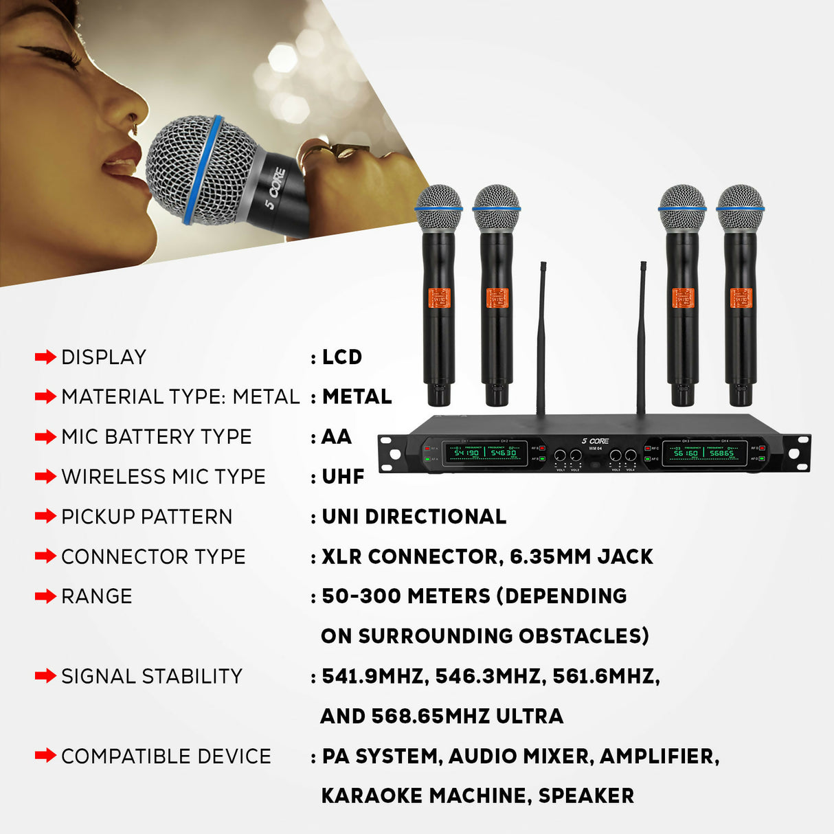 5 Core Wireless Microphone System 4/6/8 Channel UHF 492F Range Portable Receiver w Cordless Mic