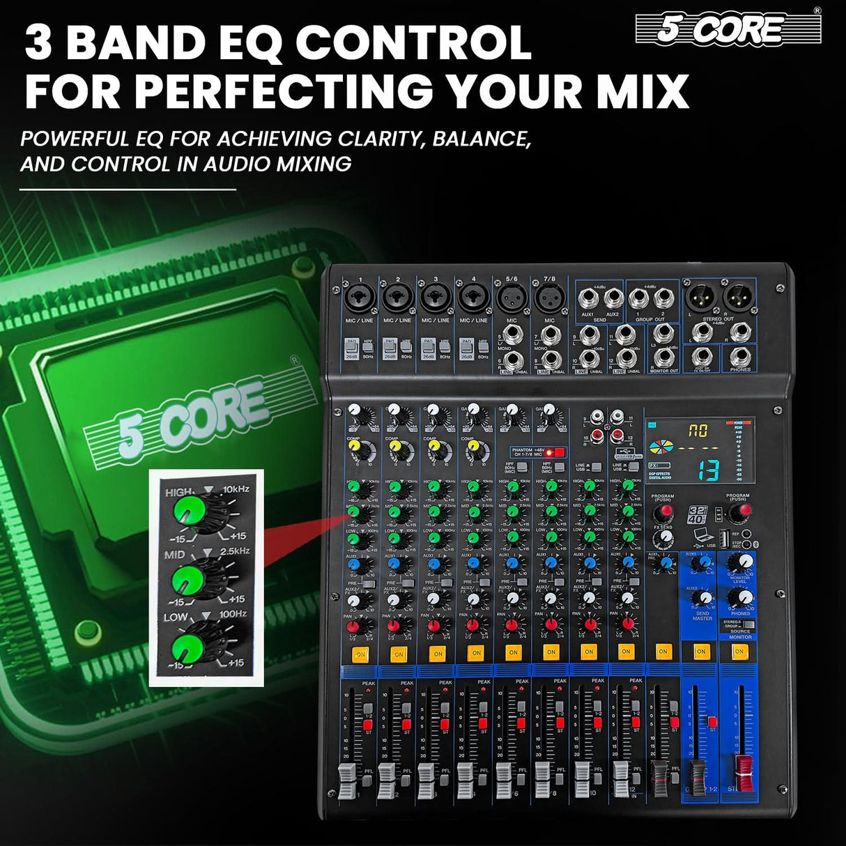 3-band EQ control on audio mixer, offering bass, mid, and treble adjustments for fine-tuning sound quality