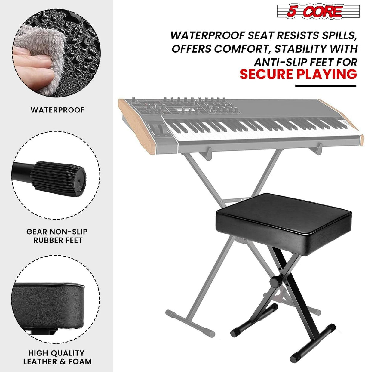 5Core Keyboard Stand Adjustable z Style Piano Riser BLACK + Keyboard Piano Bench BLACK