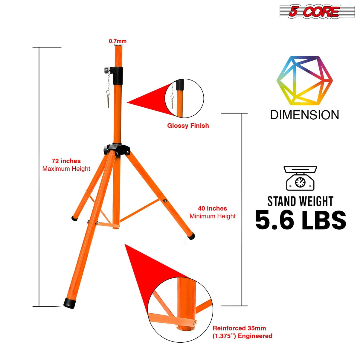 5 Core Speaker Stand Tripod Heavy Duty Adjustable Up to 72 Inch DJ Studio Monitor Stands Pole Mount Black