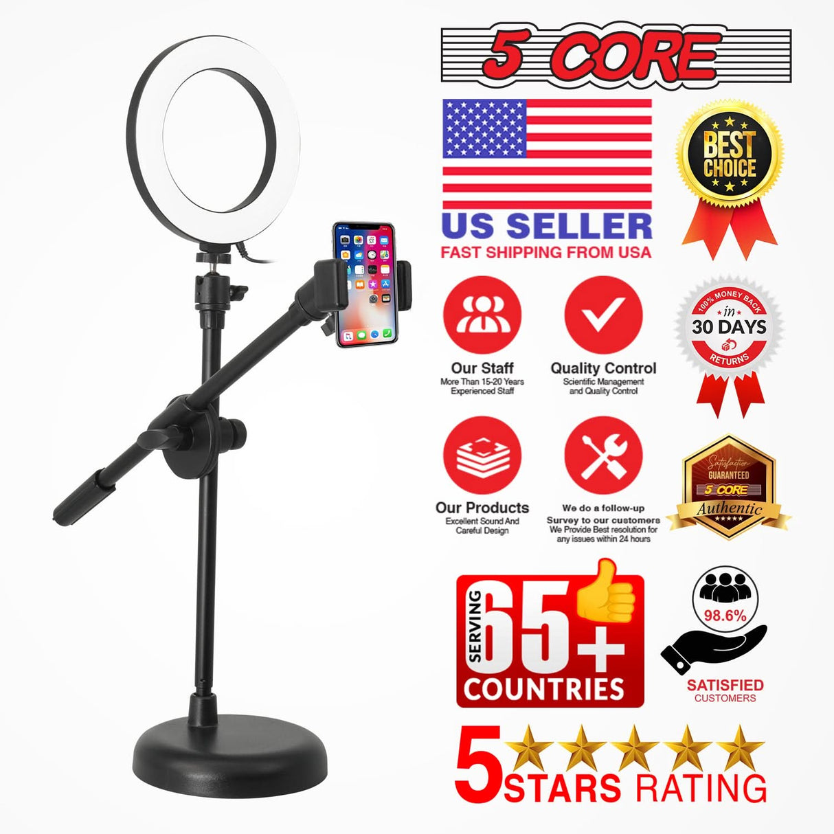 5Core 6 inch Ring Light + Cell Phone Stand Adjustable Ringlight LED w Phone Holder