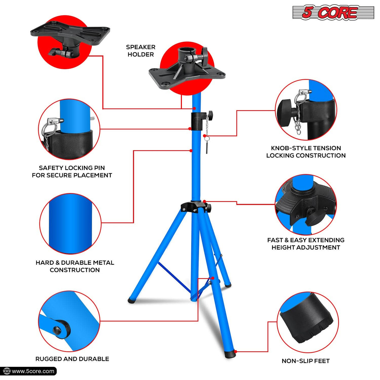 5Core Speaker Stand Tripod Tall Adjustable 72 Inch DJ Pole Mount Studio Monitor Stands SKY BLUE