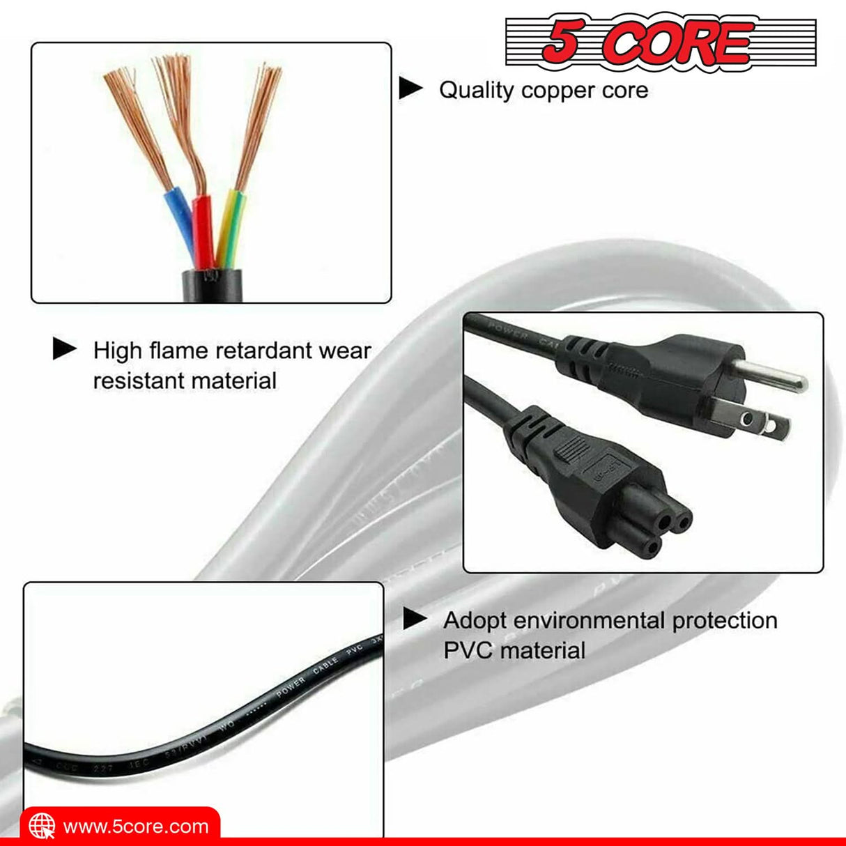 5Core AC Power Cord 6Ft 2 Prong US Male to Female Extension Adapter 18AWG 10A 7A 125V