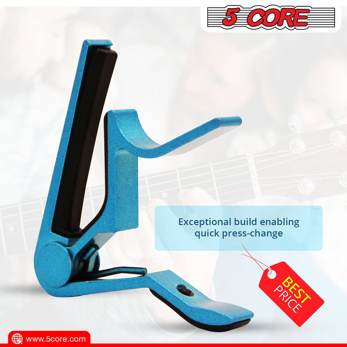 Classic Guitar Capo: 5 Core clip capo for 6-string guitars, banjos, mandolins, and ukuleles.