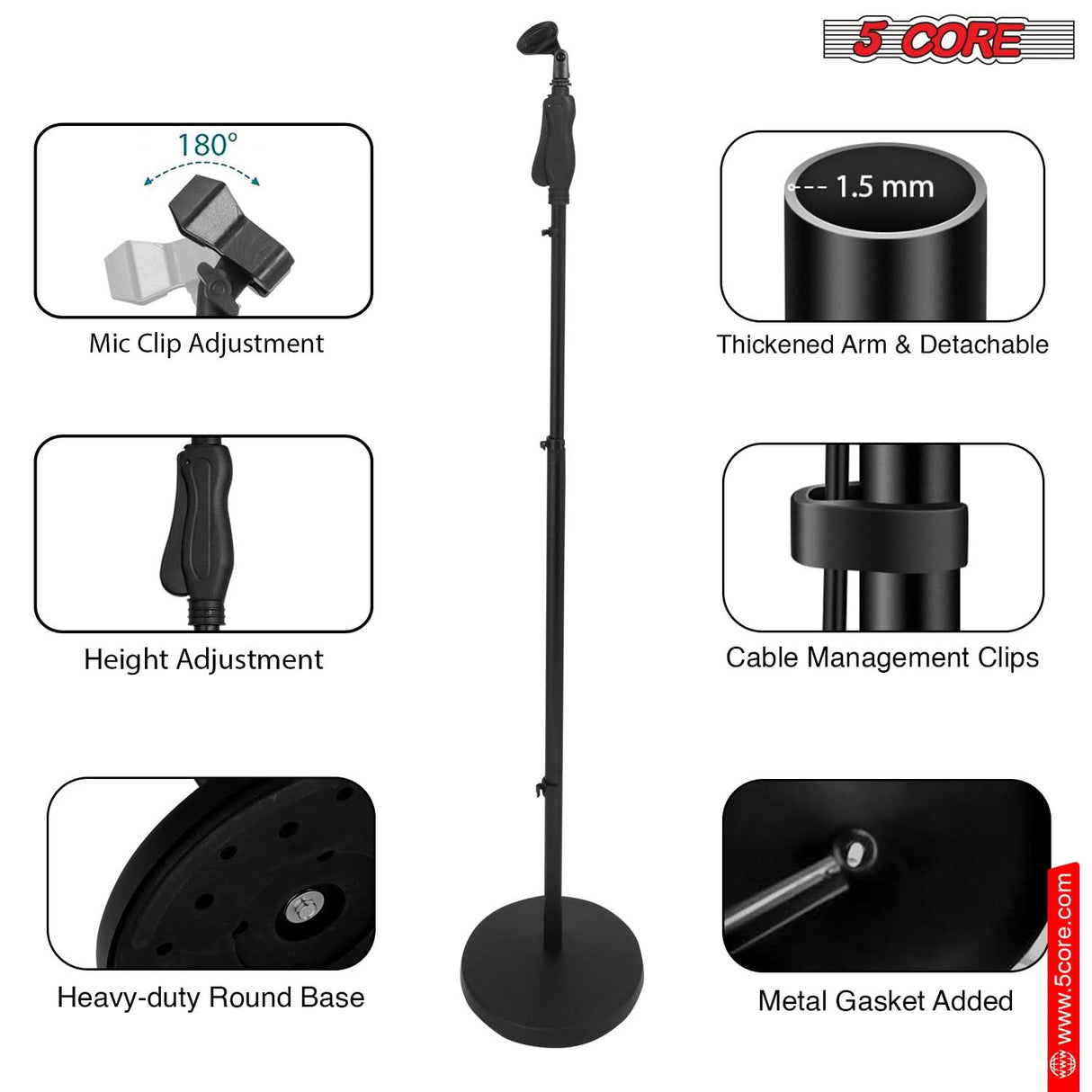 5Core Universal Microphone Stand Height Adjustable 35 to 57" Round Base Floor Mic Holder Metal Build