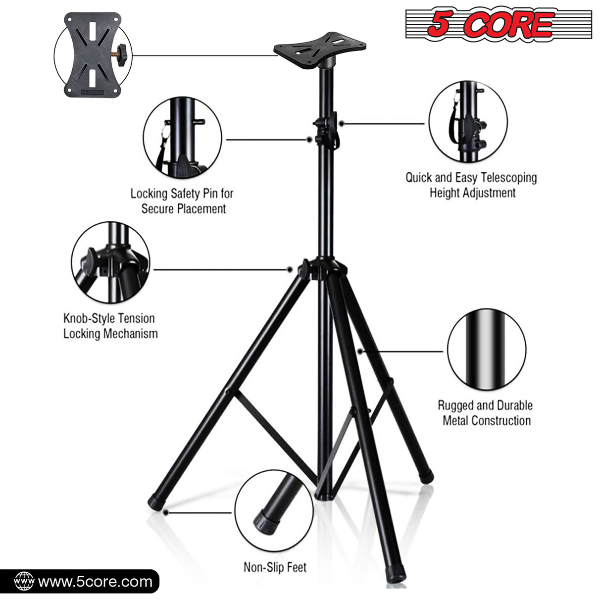 5 Core PA Speaker Stands Adjustable Height Professional DJ Tripod with Mounting Bracket, Extend from 40 to 72 inches, Black SS ECO 1PK