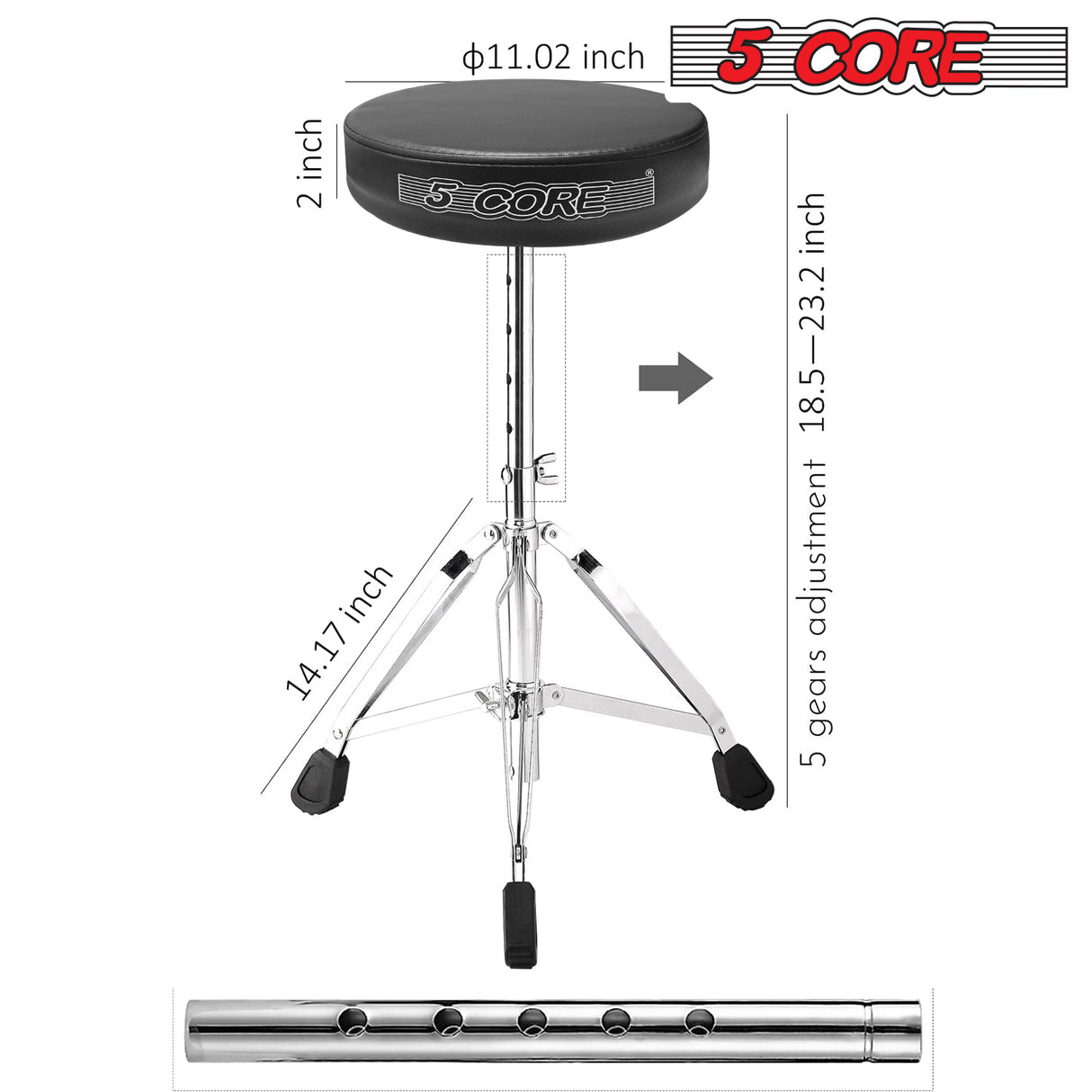 5 Core Drum Throne Black| Height Adjustable Padded Seat Drum Stool| Folding Portable Drummer Throne with Anti-Slip Feet| with two Drumsticks, Drum Chair for Kids and Adults- DS CH BLK