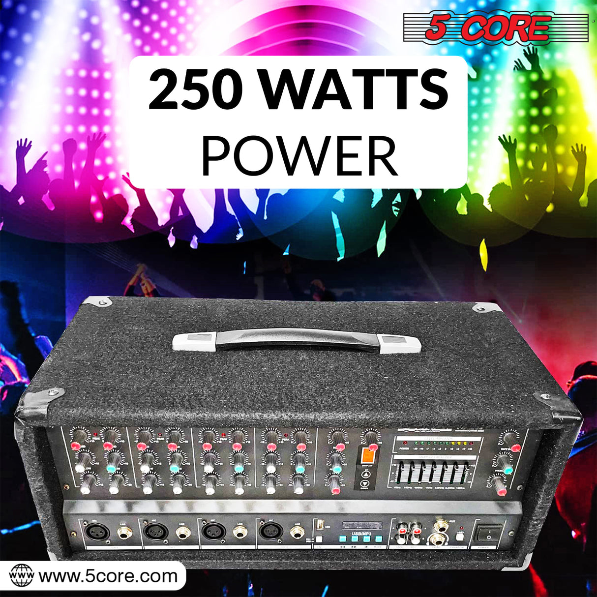 5 Core 4 Channel Powered DJ Mixer Peak Power 600W With Travel Case Microphone Input, AUX, USB, TF card & Headphone Jack for Stereo Mixing Effects Hard Shell Protection Power Indian Made Audio MIXER 4200