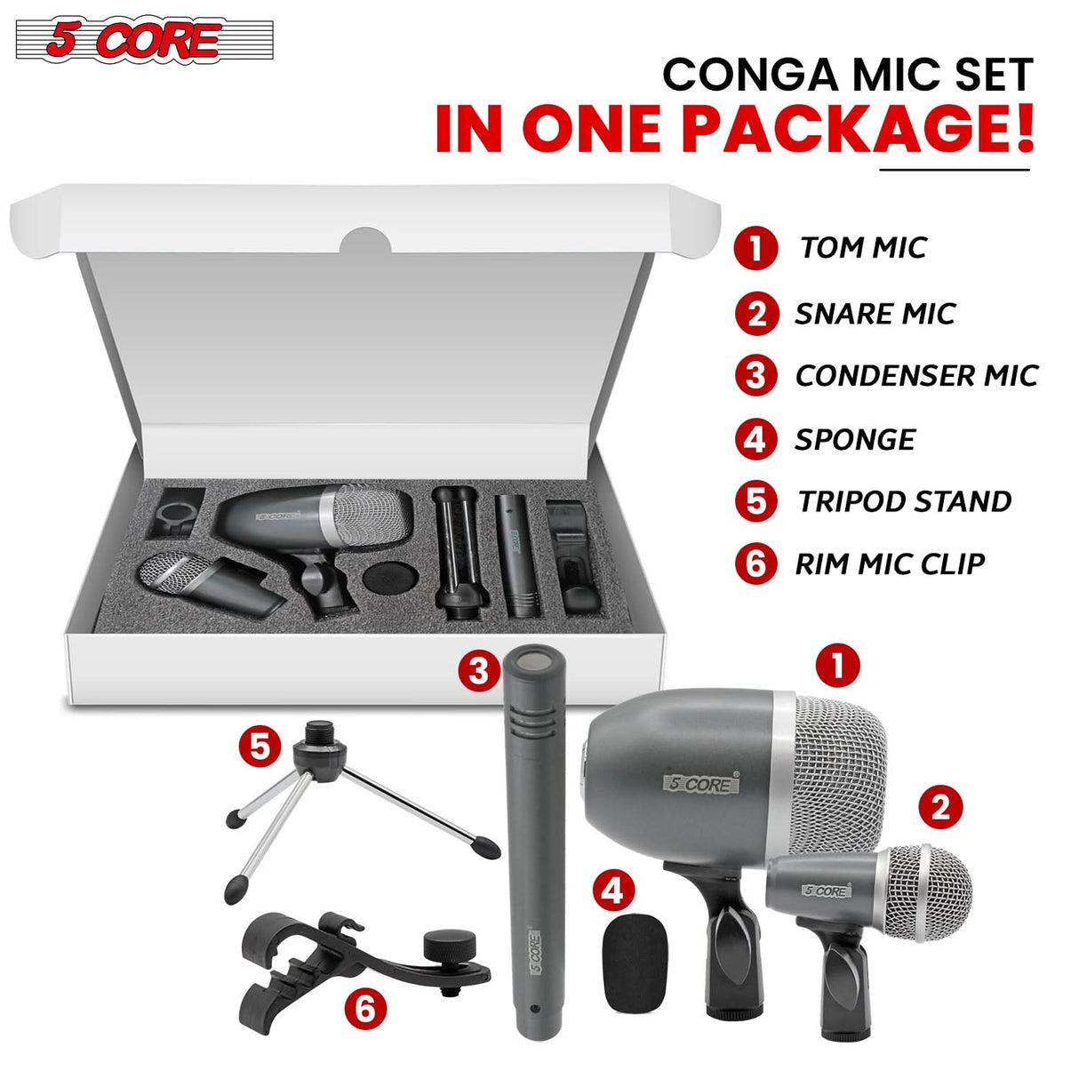 5Core Conga Mic Snare Tom Microphone Drum Kit Condenser XLR Instrument Mics GREY