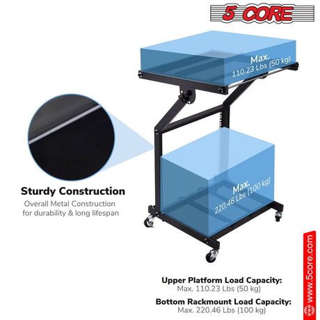 5Core DJ Mixer Stand 9U Adjustable Rack Mount Rolling Stage Cart Pro Audio Studio Equipment w Wheel