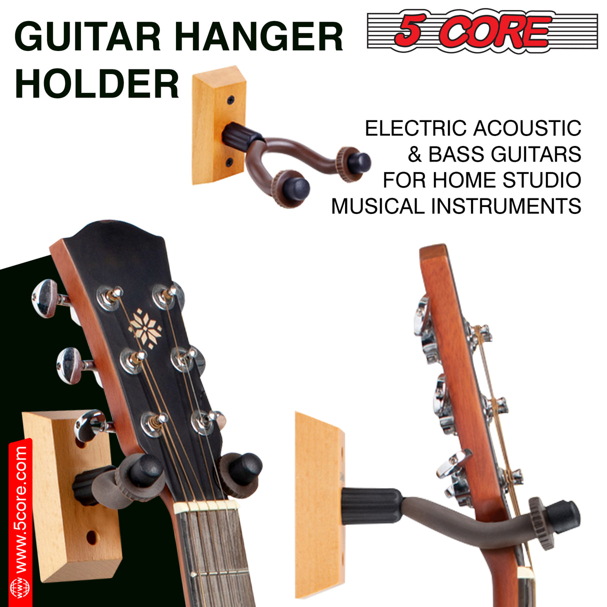 5 Core Guitar Wall Hanger| Guitar Wall Mount, Guitar Hanger Wall Hook Holder | Sturdy Hardwood Guitar Wall Mount Hanger for Acoustic Electric Guitar Bass Banjo Mandolin- GH WD 1PC
