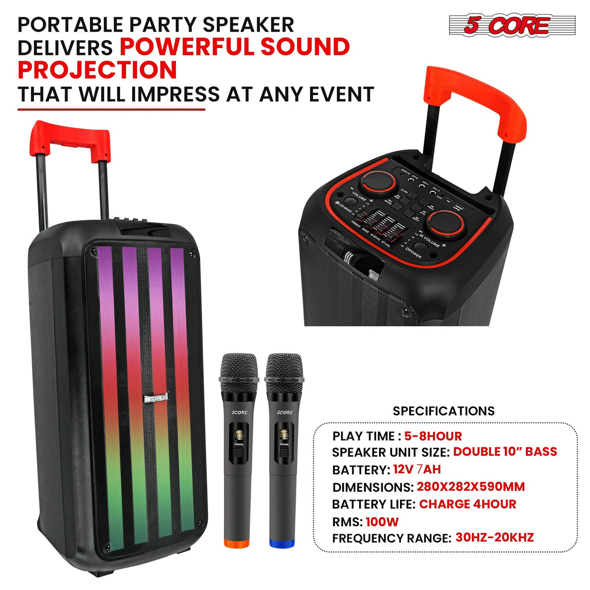 5Core Bluetooth Party Speaker 10 inch PA RGB Partybox Karaoke Machine + 2 Wireless Mic