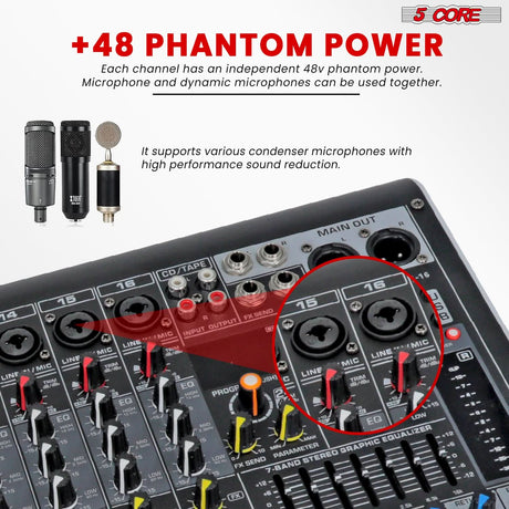 5Core Audio Mixer 16 Channel DJ Mixing Board Bluetooth USB Analog Professional Mezclador De Audio